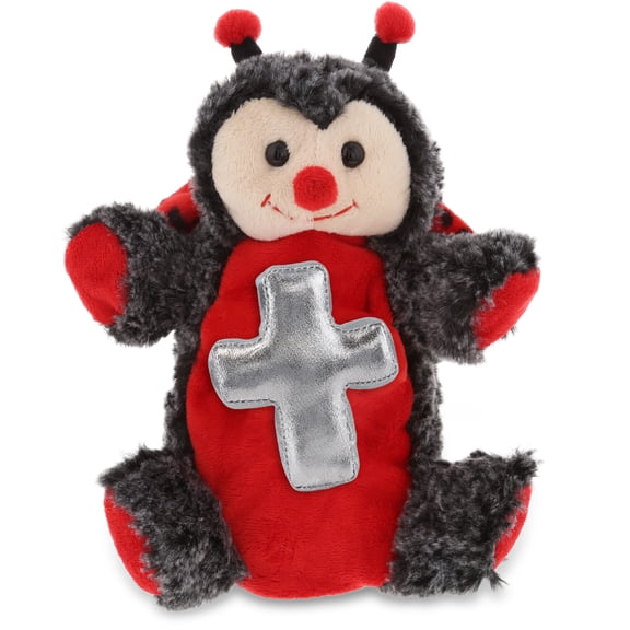 DolliBu Red Ladybug Hand Puppet Stuffed Animal with Silver Cross Plush - Religious Baptism Gifts for Boys and Girls, Dedication Christening Gifts Plush Prayer Toy Healing Stuffed Animal - 8 Inch