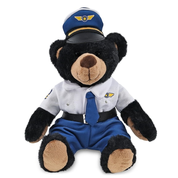 DolliBu Red Plaid Hoodie Black Bear Stuffed Animal with Pilot Costume - Cute Wildlife Animal Bear Plush Toy with Airplane Aviation Uniform Dress Up Set for Kids and Adults - 10 Inches