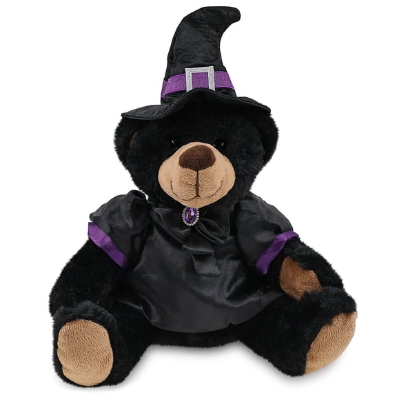 DolliBu Red Plaid Hoodie Black Bear Stuffed Animal with Witch Costume - Cute Wildlife Animal with Black Cloak and Witch Hat Outfit - Spooky Halloween Plush Toy for Kids - 9 Inch