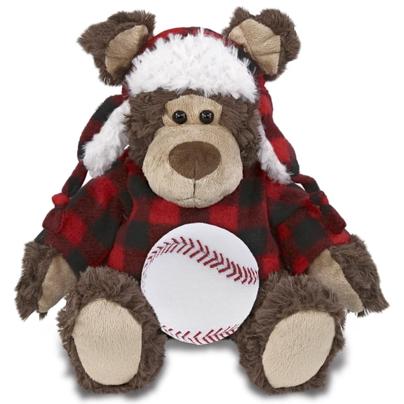 DolliBu Red Plaid Outfit Grizzly Bear Stuffed Animal with Baseball Plush - Soft and Huggable Grizzly Bear Gift, Cute Wild Animal with Plush Baseball Toy for Kids - 9 Inches