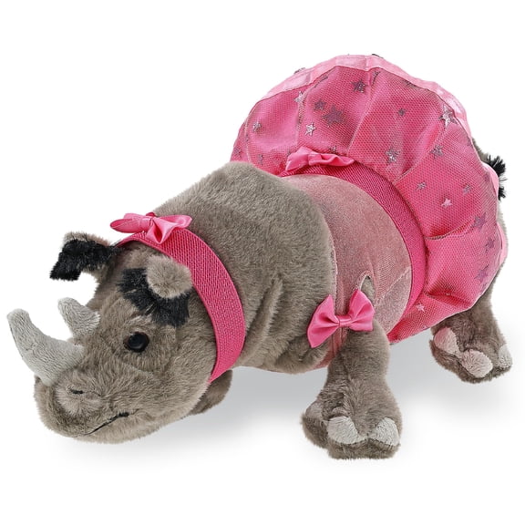 DolliBu Rhino Stuffed Animal with Ballerina Dress Up Set - Cute Rhinoceros Plush Toy in Ballet Costume with Tutu Skirt, Headband, and Shirt for Kids and Adults - 13 Inches