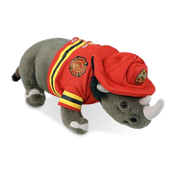 DolliBu Rhinoceros Firefighter Stuffed Animal - Wild Collection Rhinoceros Fireman Toy with Red Fireman Hat Outfit, Cute Wild Life Animal Fire Fighter Doll Plush Toy for Kids and Adults - 13 Inch