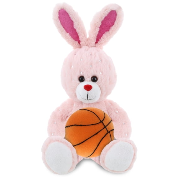 DolliBu Rose Gold Bunny Stuffed Animal with Basketball Plush - Soft Huggable Bunny, Adorable Playtime Bunny Plush Toy, Cute Animal Gift, Plush Doll Toy for Kids and Adults - 8 Inches