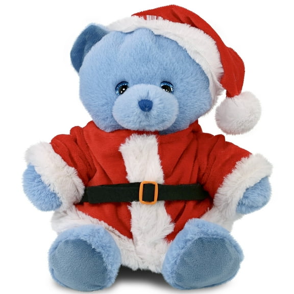 DolliBu Santa Baby Blue Bear Stuffed Animal Plush Toy - Super Soft Dress Up with Red Santa Claus Outfit, Cute Wild Life Blue Bear Gift Perfect Holiday Christmas Gift - 8 Inches