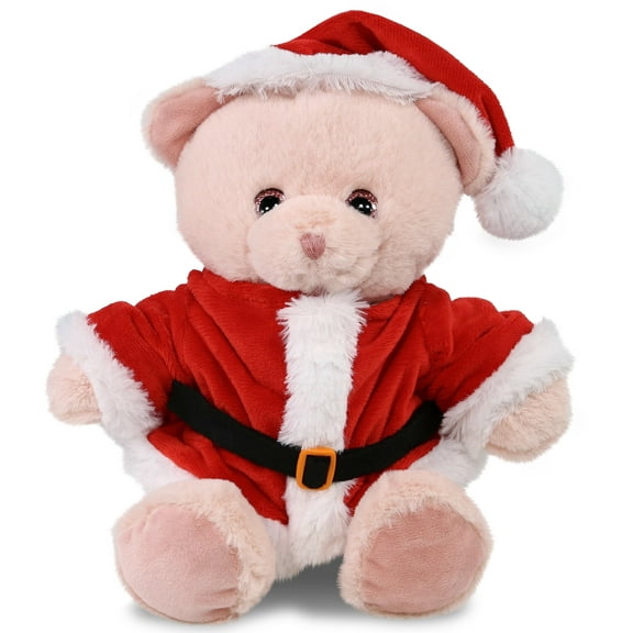 DolliBu Santa Baby Pink Bear Stuffed Animal Plush Toy - Super Soft Dress Up with Red Santa Claus Outfit, Cute Wild Life Pink Bear Gift Perfect Holiday Christmas Gift - 8 Inches