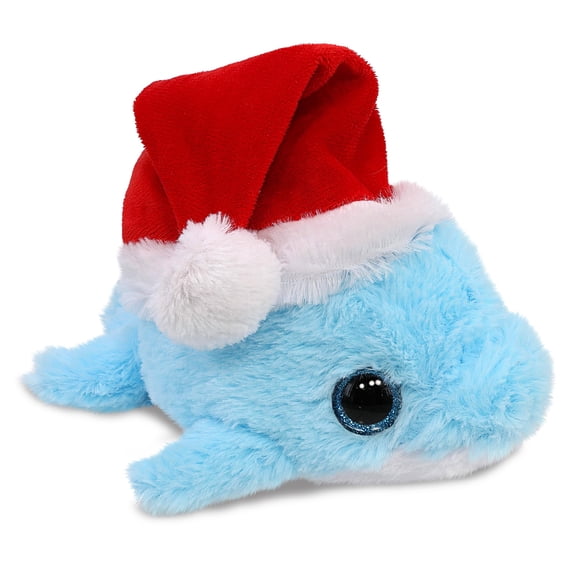 DolliBu Santa Big Eye Blue Dolphin Stuffed Animal Plush Toy - Super Soft Ocean Animal Dress Up with Red Santa Claus Hat, Cute Holiday Christmas Gift for Kids and Adults - 8 Inches