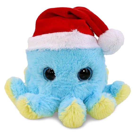 DolliBu Santa Big Eye Blue Octopus Stuffed Animal Plush Toy - Super Soft Ocean Animal Dress Up with Red Santa Claus Hat, Cute Holiday Christmas Gift for Kids and Adults - 8.5 Inches