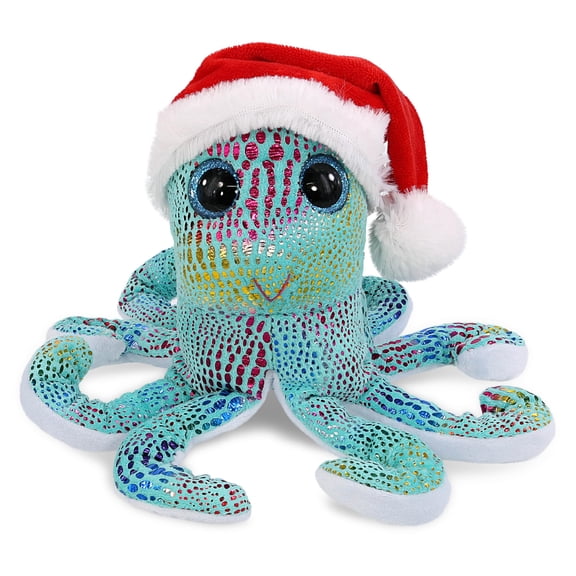 DolliBu Santa Big Eye Iridescent Rainbow Octopus Stuffed Animal Plush Toy - Super Soft Animal Dress Up with Red Santa Claus Hat, Cute Holiday Christmas Gift for Kids and Adults - 9 Inches