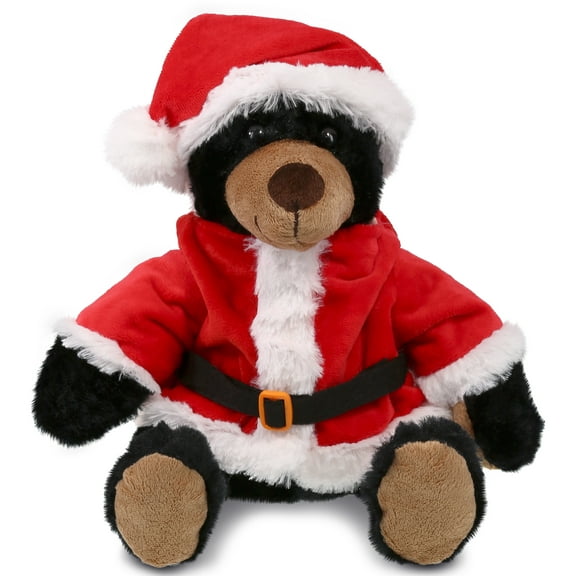 DolliBu Santa Black Bear with Red Plaid Hoodie Stuffed Animal Plush Toy - Super Soft Dress Up with Red Santa Claus Outfit, Cute Wildlife Gift, Perfect Holiday Gift - 10 Inch