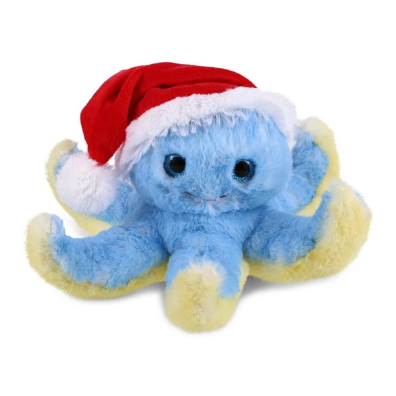 DolliBu Santa Blue Octopus Stuffed Animal Plush Toy - Super Soft Stuffed Animal Dress Up with Red Santa Claus Hat, Cute Ocean Life Holiday Gift - 9.5 Inches