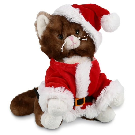 DolliBu Santa Brown Cat Stuffed Animal Plush Toy - Super Soft Cat Plush Dress Up with Red Santa Claus Outfit, Cute Pet Holiday Christmas Gift - 6 Inches