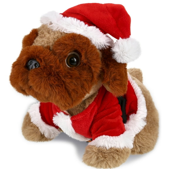DolliBu Santa Brown Pug Dog Stuffed Animal Plush Toy - Super Soft Dog Plush Dress Up with Red Santa Claus Outfit, Cute Gift, Perfect Holiday Christmas Gift - 6.5 Inches