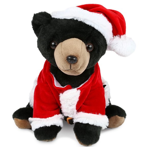 DolliBu Santa Floppy Black Bear Stuffed Animal Plush Toy - Super Soft Wild Animal Dress Up with Red Santa Claus Outfit, Cute Wild Life Animal Bear Gift Perfect Holiday Christmas Gift - 9 Inches