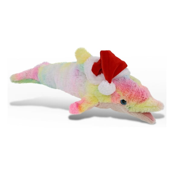DolliBu Santa Large Rainbow Dolphin Stuffed Animal Plush Toy - Wild Animal Dress Up with Red Santa Claus Hat, Cute Wildlife Gift, Perfect Holiday Christmas Gift - 18 Inches