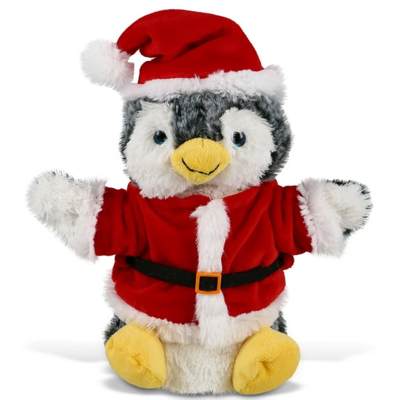 DolliBu Santa Penguin Stuffed Animal Plush Hand Puppet - Super Soft Wild Animal Dress Up with Red Santa Claus Outfit, Cute Holiday Christmas Gift - 8.5 Inches