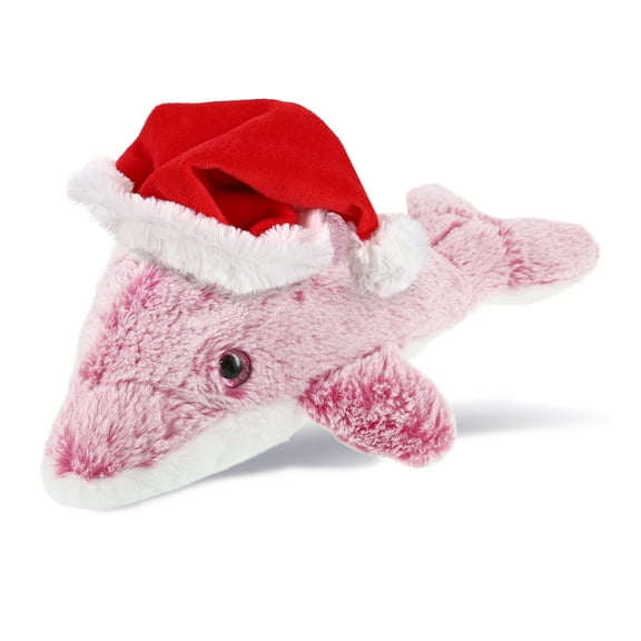 DolliBu Santa Pink Dolphin Stuffed Animal Plush Toy - Super Soft Stuffed Plush Dress Up with Red Santa Claus Hat, Cute Ocean Life Gift, Perfect Holiday Gift - 14 Inch