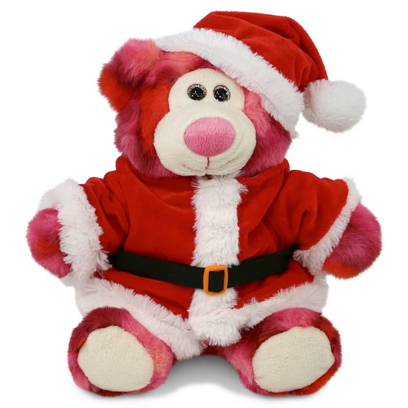 DolliBu Santa Pink Tie-Dye Bear Stuffed Animal Plush Toy - Super Soft Wild Animal Dress Up with Red Santa Claus Outfit, Cute Wild Life Animal Bear Gift Perfect Holiday Christmas Gift - 9 Inches