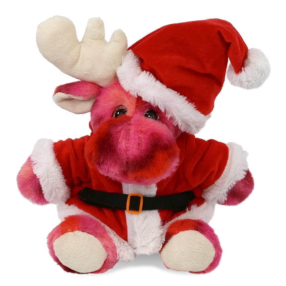 DolliBu Santa Pink Tie-Dye Moose Stuffed Animal Plush Toy - Super Soft Wild Animal Dress Up with Red Santa Claus Outfit, Cute Wild Life Animal Moose Gift Perfect Holiday Christmas Gift - 9 Inches
