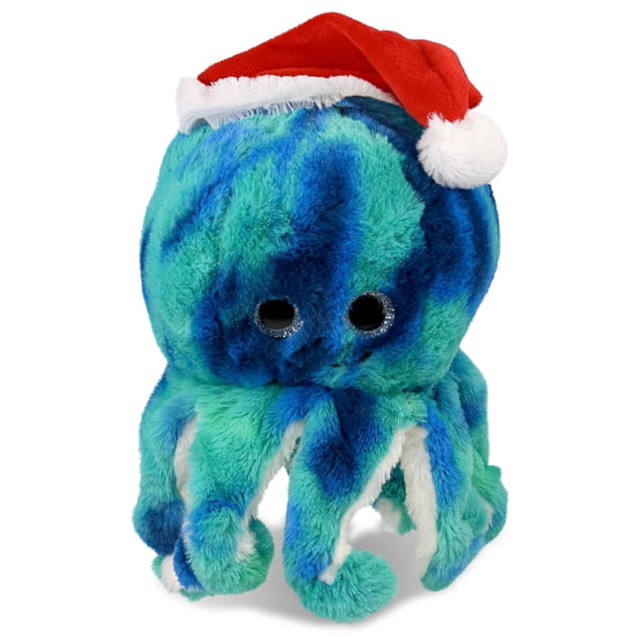 DolliBu Santa Plush Blue Tie-Dye Octopus Stuffed Animal Plush Toy - Super Soft Sea Animal Dress Up with Red Santa Claus Hat, Cute Ocean Life Octopus Gift, Perfect Holiday Christmas Gift - 10 Inches