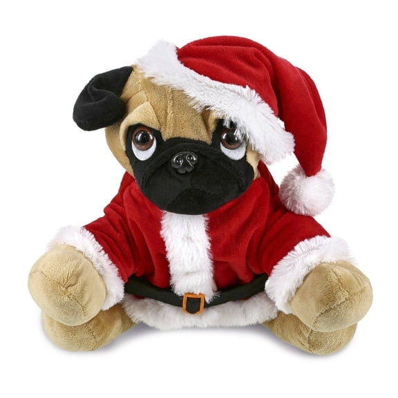 DolliBu Santa Pug Dog Stuffed Animal Plush Toy - Super Soft Dog Plush Dress Up with Red Santa Claus Outfit, Cute Holiday Christmas Gift - 8 Inches