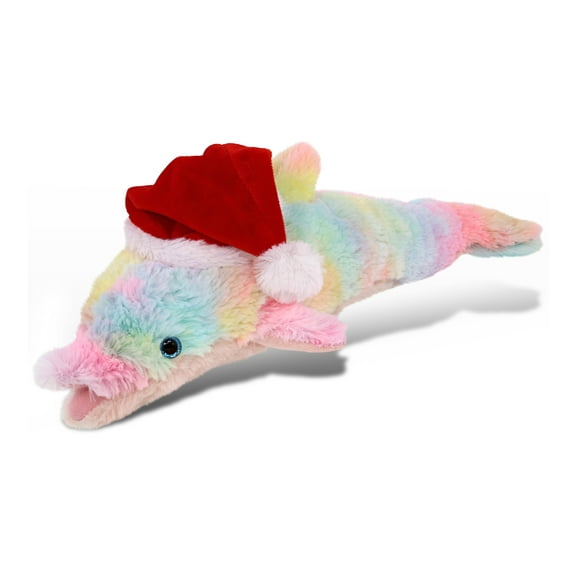 DolliBu Santa Rainbow Dolphin Stuffed Animal Plush Toy - Super Soft Wild Animal Dress Up with Red Santa Claus Hat, Wildlife Gift, Perfect Holiday Christmas Gift - 14 Inches