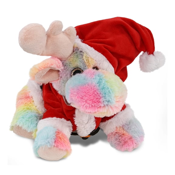 DolliBu Santa Rainbow Floppy Moose Stuffed Animal Plush Toy - Super Soft Dress Up with Red Santa Claus Outfit, Cute Moose Gift Perfect Holiday Christmas Gift - 9 Inches