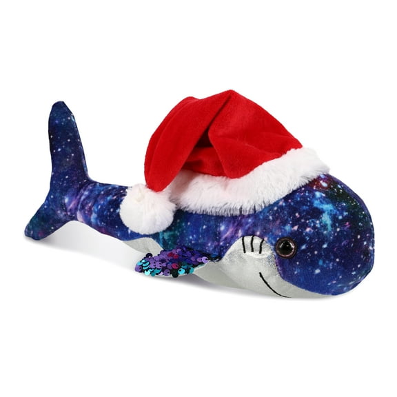 DolliBu Santa Shark Stuffed Animal Plush Toy - Space Sequin Plush Shark Animal Dress Up with Red Santa Claus Hat, Cute Ocean Life Gift - 12 Inches