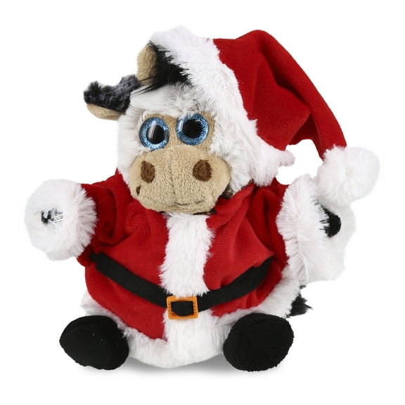 DolliBu Santa Sitting Cow Stuffed Animal Plush Toy - Super Soft Wild Animal Dress Up with Red Santa Claus Outfit, Cute Wildlife Gift, Holiday Christmas Gift - 7 Inches