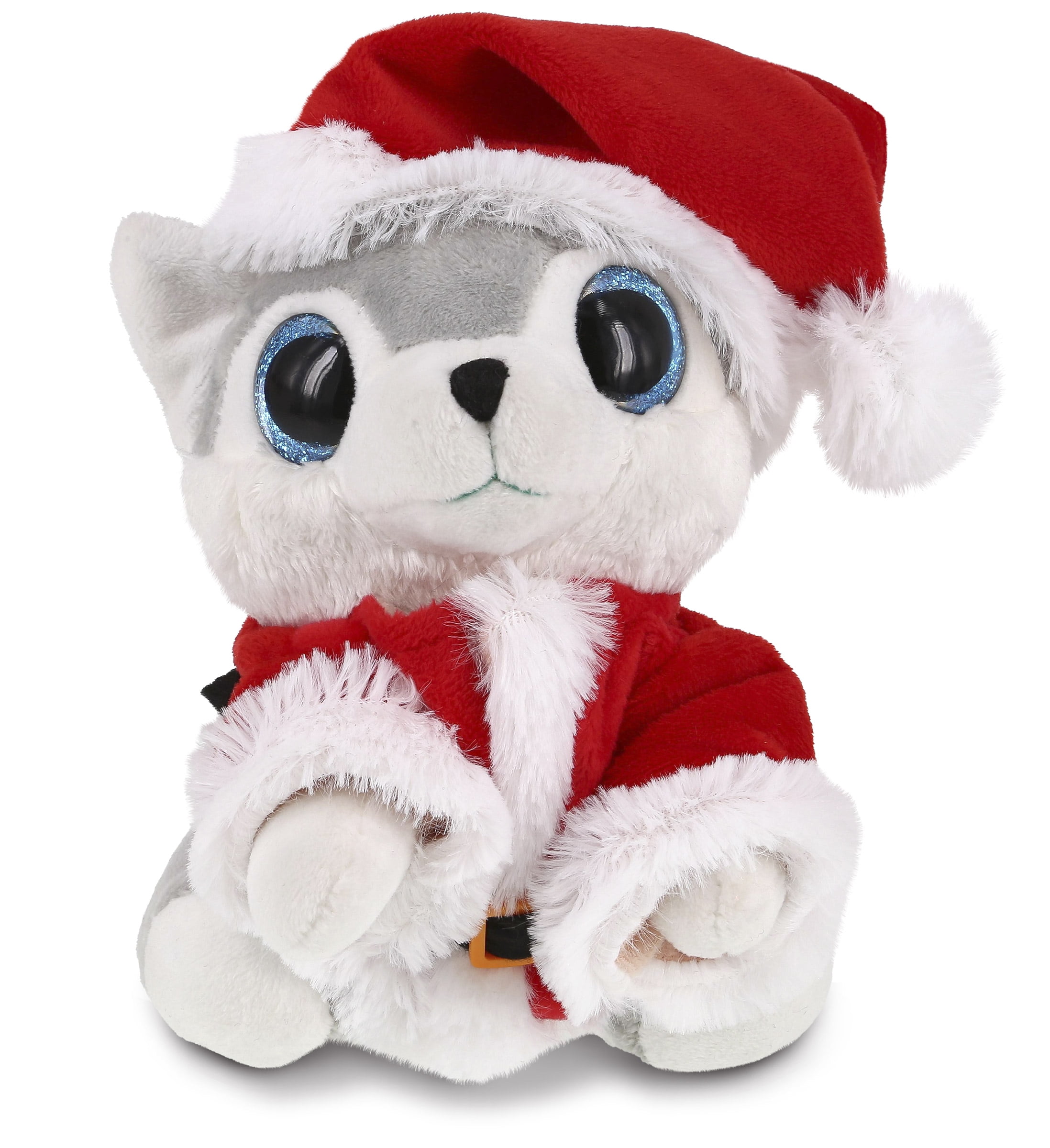 DolliBu Santa Sparkle Eyes Wolf Stuffed Animal Plush Toy - Super Soft Dress Up with Red Santa Claus Outfit, Cute Wildlife Holiday Christmas Gift - 8 Inches