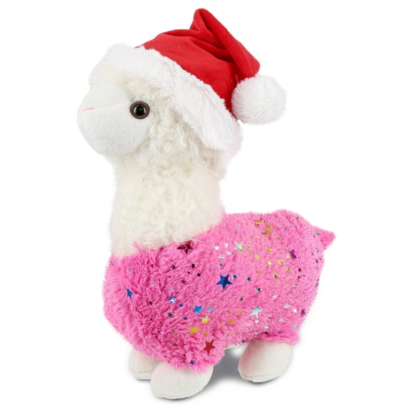 DolliBu Santa Sparkle Pink Llama Stuffed Animal Plush Toy - Super Soft Llama Dress Up with Red Santa Claus Hat, Cute Wildlife Holiday Christmas Gift - 11.5 Inch