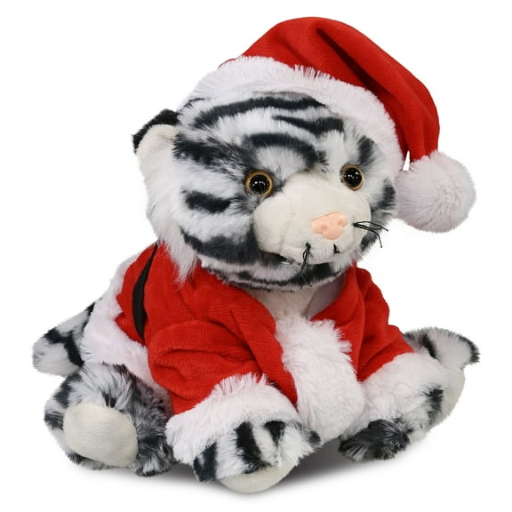 DolliBu Santa Squat White Tiger Stuffed Animal Plush Toy - Super Soft Dress Up with Red Santa Claus Outfit, Cute Wild Life Animal Tiger Gift Perfect Holiday Christmas Gift - 8 Inches