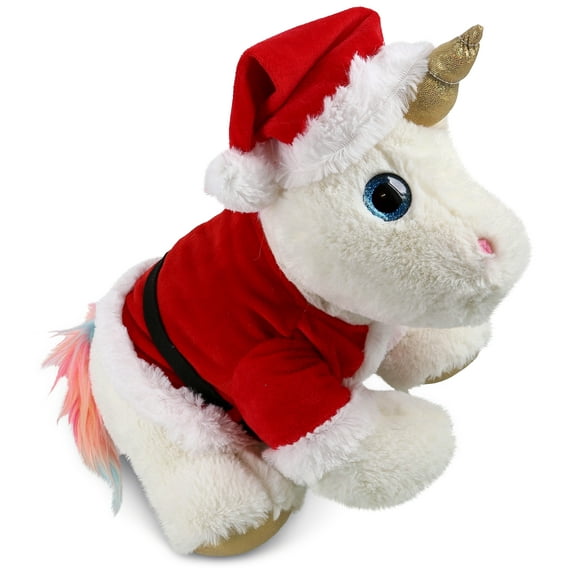 DolliBu Santa White and Gold Unicorn Stuffed Animal Plush Toy - Super Soft Unicorn Dress Up with Red Santa Claus Outfit, Cute Unicorn Christmas Holiday Gift - 11.5 Inch