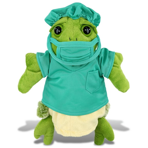 DolliBu Sea Turtle Doctor Plush Hand Puppet Toy - Super Soft Sea Turtle Doctor Stuffed Animal Dress Up with Scrub Uniform and Cap Outfit - Fluffy Doctor Toy Plush Gift - 10 Inch