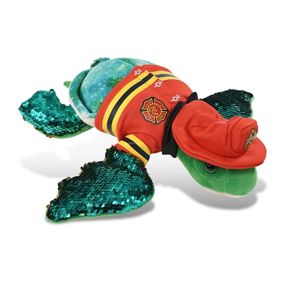 DolliBu Sea Turtle Firefighter Stuffed Animal - Space Sequin Turtle Fireman Toy with Red Fireman Costume Outfit and Fireman Hat, Cute Stuffed Animal Fire Fighter Doll Plush Toy for Kids - 13 Inch