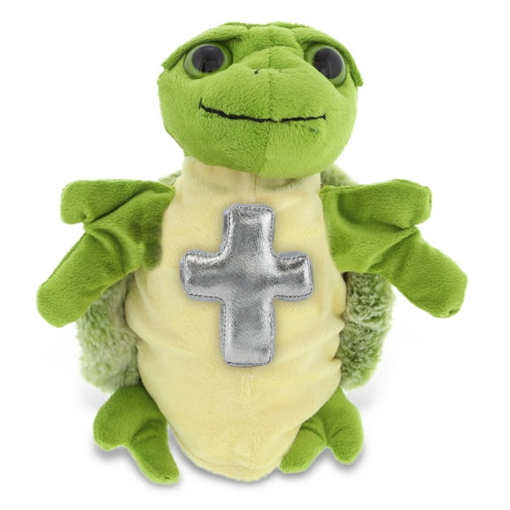 DolliBu Sea Turtle Hand Puppet Stuffed Animal with Silver Cross Plush - Religious Baptism Gifts for Boys and Girls, Dedication Christening Gifts Plush Prayer Toy Healing Stuffed Animal - 10 Inch
