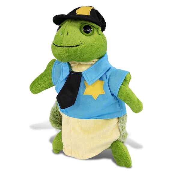 DolliBu Sea Turtle Police Officer Super Soft Hand Puppet Plush Toy - Soft Sea Turtle Cop Stuffed Animal Dress Up with Cute Cop Uniform and Cap Outfit - Soft Plush Sea Turtle Cop Gift - 10 Inches