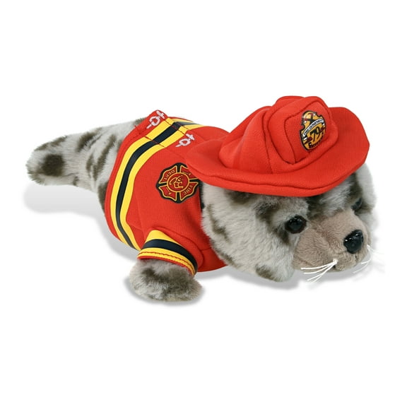 DolliBu Seal Firefighter Stuffed Animal - Super Soft Seal Plush with Red Fireman Costume Outfit and Fireman Hat, Cute Ocean Life Stuffed Animal Fire Fighter Doll Plush Toy for Kids - 10 Inch