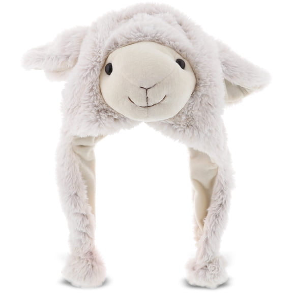 DolliBu Sheep Plush Hat – Super Soft Fleece Stuffed Animal Beanie with Ear Flaps, Cozy Warm Winter Hat for Kids, Teens and Adults, Funny Costume or Everyday Wear – One Size