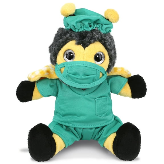 DolliBu Sitting Bee Doctor Plush Toy - Super Soft Bee Doctor Stuffed Animal Dress Up with Cute Scrub Uniform & Cap Outfit - Fluffy Doctor Toy Plush Gift- 7 Inches