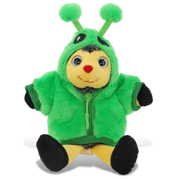 DolliBu Sitting Bee Plush with Green Alien Hoodie Jacket - Toy with Space Themed Hoodie Costume with Antennae, Animal Plush with Alien Jacket - 7 Inch