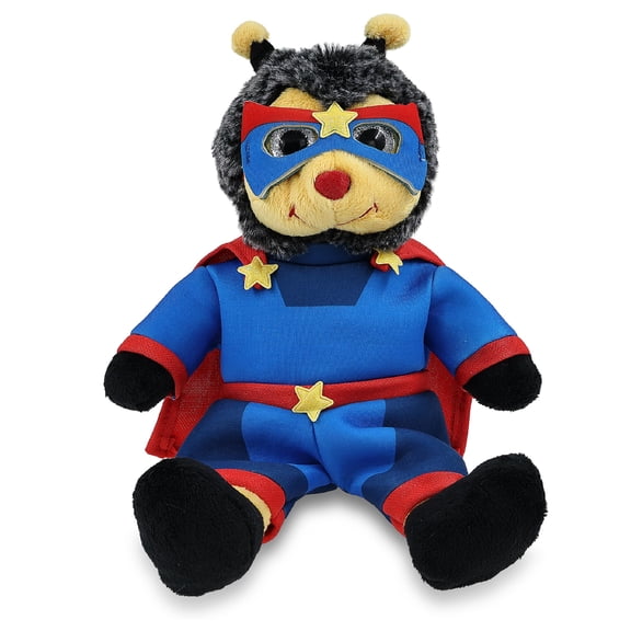 DolliBu Sitting Bee Plush Stuffed Animal with Superhero Costume - Cute Insect Life Toy with Red Cape Blue Suit, Eye Mask - Super Hero Adventure Plush for Kids - 7 Inches