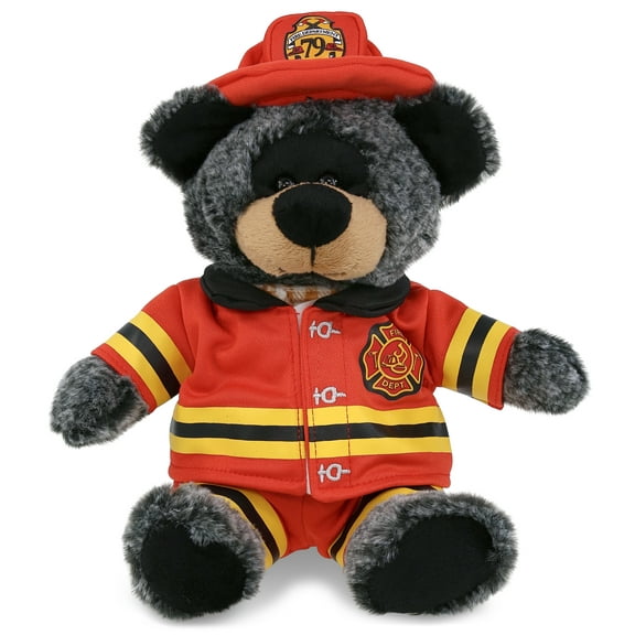 DolliBu Sitting Black Bear Firefighter Stuffed Animal - Super Soft Bear Fireman Toy with Red Fireman Costume Outfit and Fireman Hat, Cute Wild Life Animal Fire Fighter Doll Plush Toy for Kids - 9 Inch