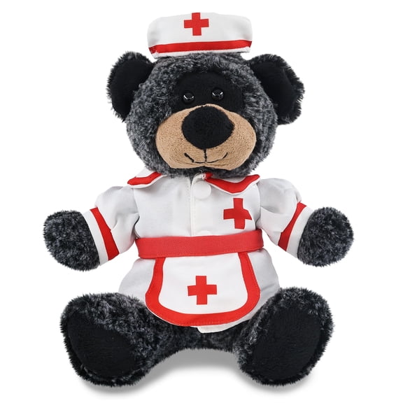 DolliBu Sitting Black Bear Plush with Nurse Stuffed Animal Dress Up Set - Hospital Costume Black Bear Stuffed Toy with Nurse Dress, Hat, and Apron, Get Well Plush For Kids and Adults - 9 Inches