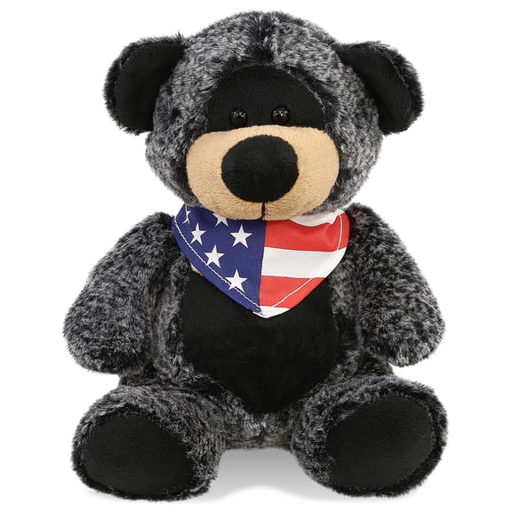 DolliBu Sitting Black Bear Plush with USA Flag Bandana - Super Soft United States of America Sitting Black Bear Patriotic Stuffed Animal - 9 Inches