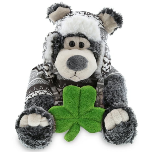 DolliBu Sitting Black Bear Stuffed Animal with Green Plush Shamrock, Cute Green Shamrock Plush, Fun St Patricks Day Stuffed Animal Black Bear, Good Luck St Patricks Day Toys for Kids, Baby - 12.5 Inch