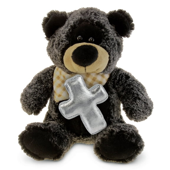 DolliBu Sitting Black Bear Stuffed Animal with Silver Cross Plush - Religious Baby Baptism Gifts for Boys and Girls, Christening Gifts Plush Prayer Toy Healing Teddy Bear - 9 Inches