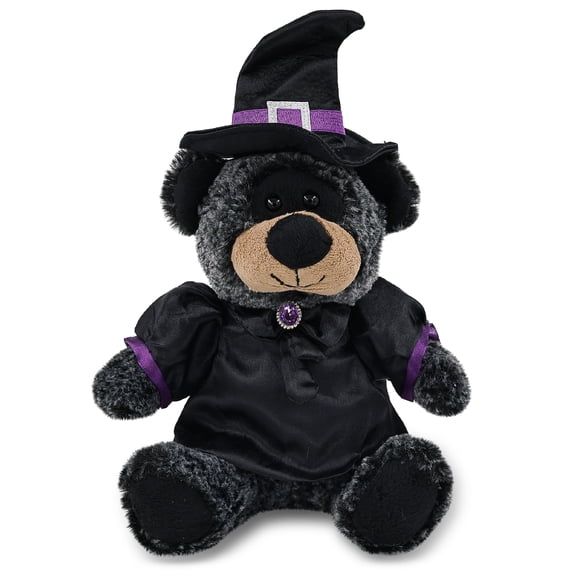 DolliBu Sitting Black Bear Stuffed Animal with Witch Costume - Cute Wildlife Animal with Black Cloak and Witch Hat Outfit - Spooky Halloween Plush Toy for Kids - 9 Inches