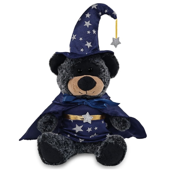 DolliBu Sitting Black Bear Stuffed Animal with Wizard Costume - Cute Wildlife Plush Toy with Magical Dress Up Set Blue Cape and Wizard Hat with Silver Stars - 9 Inches
