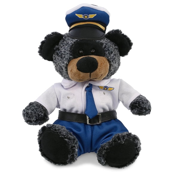 DolliBu Sitting Black Bear Stuffed Animal with Pilot Costume - Cute Wildlife Plush Toy with Airplane Aviation Uniform Dress Up Set - 9 Inches
