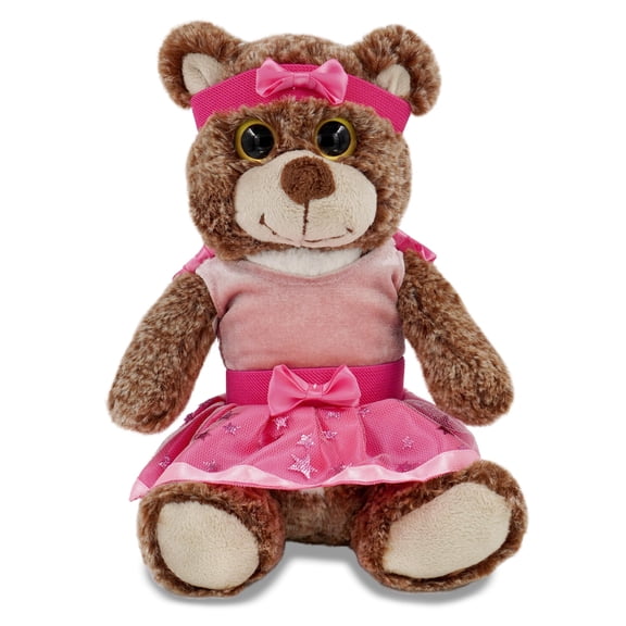 DolliBu Sitting Brown Bear Stuffed Animal with Ballerina Dress Up Set - Cute Brown Bear Plush Toy in Ballet Costume with Tutu Skirt, Headband, and Shirt for Kids and Adults - 9 Inches